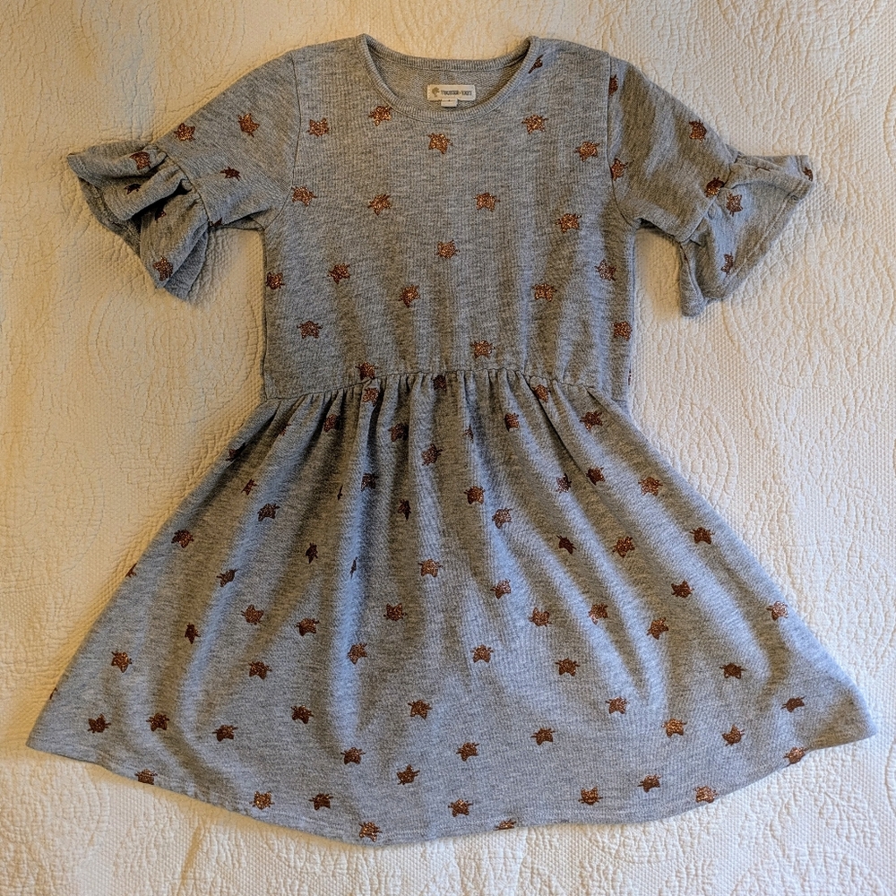Cozy Grey Bronze Sparkle Kitty Cat Print Cotton Knit Sweater Dress Girls Size 8